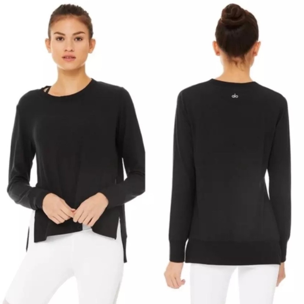 ALO YOGA Hi Low Black Long Sleeve Knit Slit Pullover Top Tunic